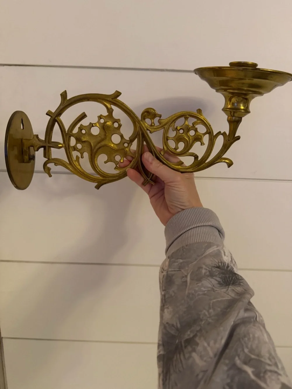 Pair mid century gold Ornate piano Wall Sconces Gold Accent
